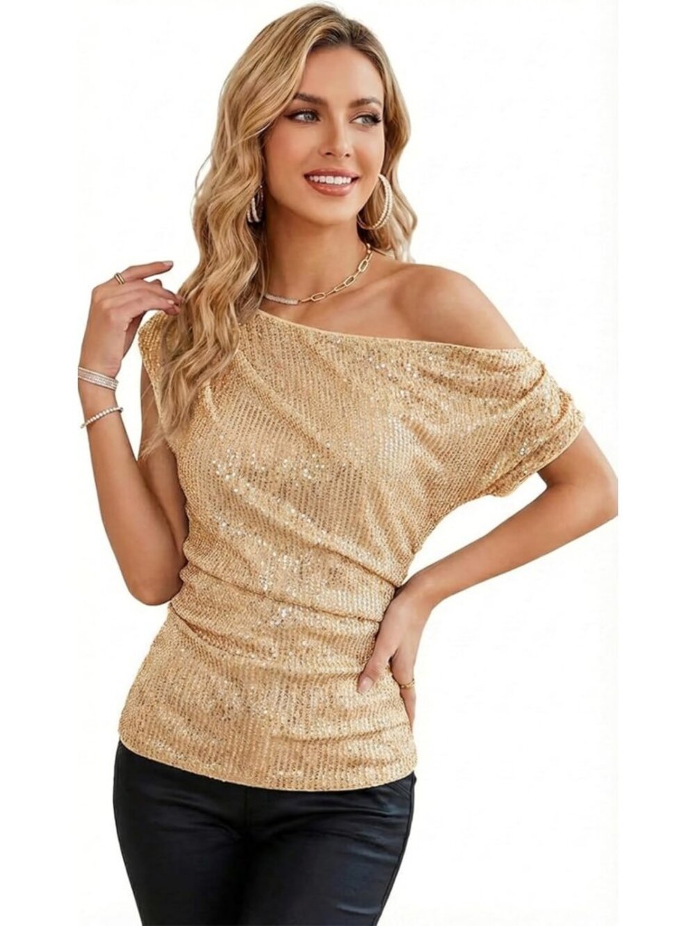 Elegant One Shoulder Sequin Top - Sparkly Off-Shoulder Ruched Glitter Shirt